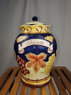 Nonni's Vintage Biscotti Ceramic Jar - Hand-Painted Blue, Yellow & Brown